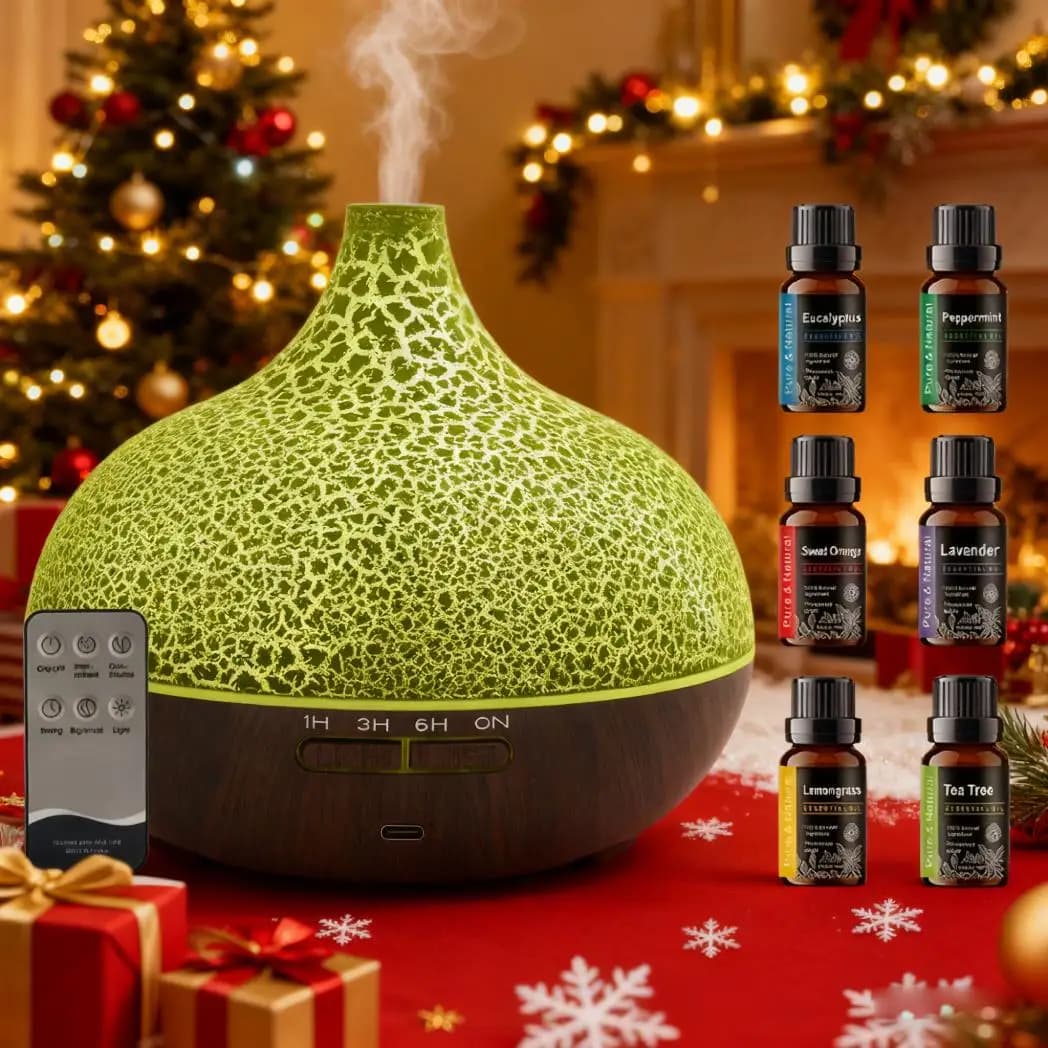 Diffusore di Oli Essenziali da 550ml, Umidificatore Ultrasonico con Effetto Legno, Telecomando, Luce Notturna LED a Fiamma e Timer