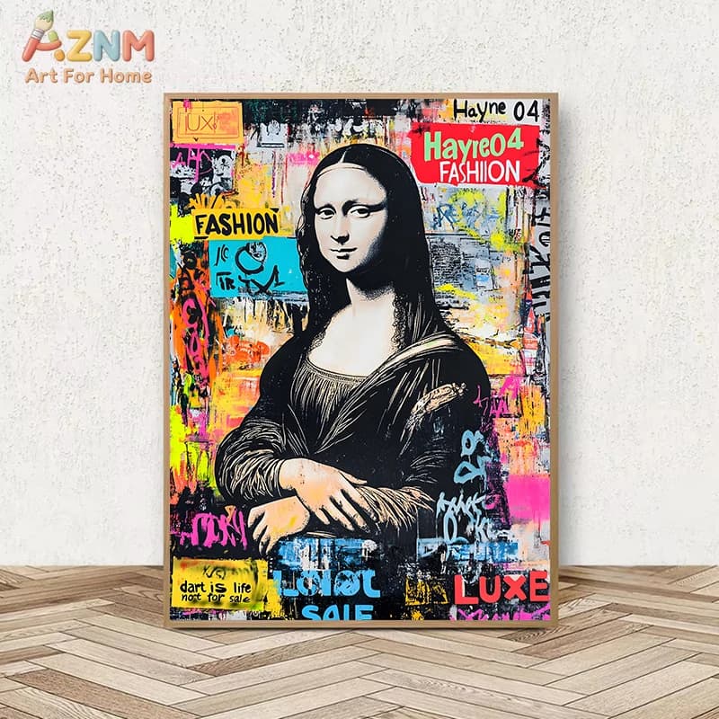 AZNM Unframed Graffiti Mona Lisa Canvas Wall Art, Pop Art Street Style Da Vinci Print, Modern Urban Abstract Famous Painting Pos