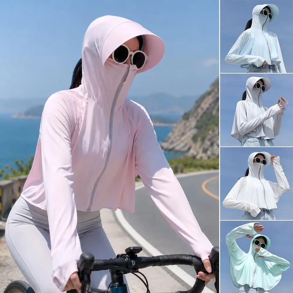 Trendy Long Sleeve Sun Protection Jacket Hoodie UPF 50+ Thin Summer Jackets Breathable Quick Dry Ice Silk Sun Shirt for Cycling