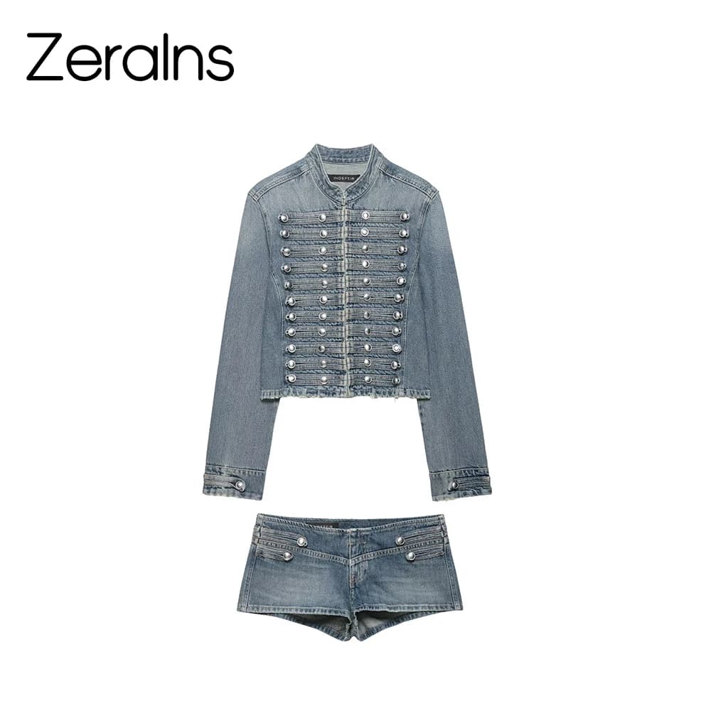 ZERAINS 2026 Primavera/Estate Set Donna: Giacca in Denim a Maniche Lunghe con Collo Tondo e Shorts in Denim a Vita Bassa