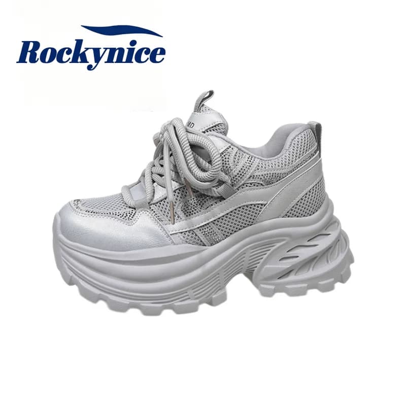 New Summer Women’s Chunky Sneakers 8.5CM Hidden Heels Casual Shoes Bling Rhinestones Breathable Mesh Sports Dad Shoes Trainers