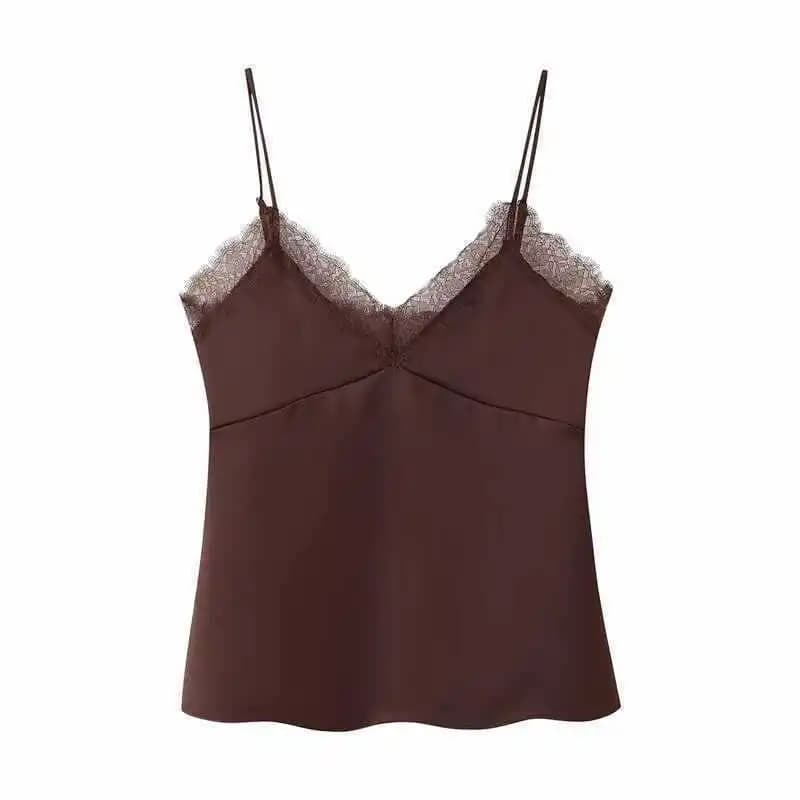 Top da donna sexy con spalline, chic patchwork, senza maniche, scollo a V, alla moda, senza schienale, in pizzo, 2026, canotte da spiaggia, outfit femminili, t-shirt, camicette