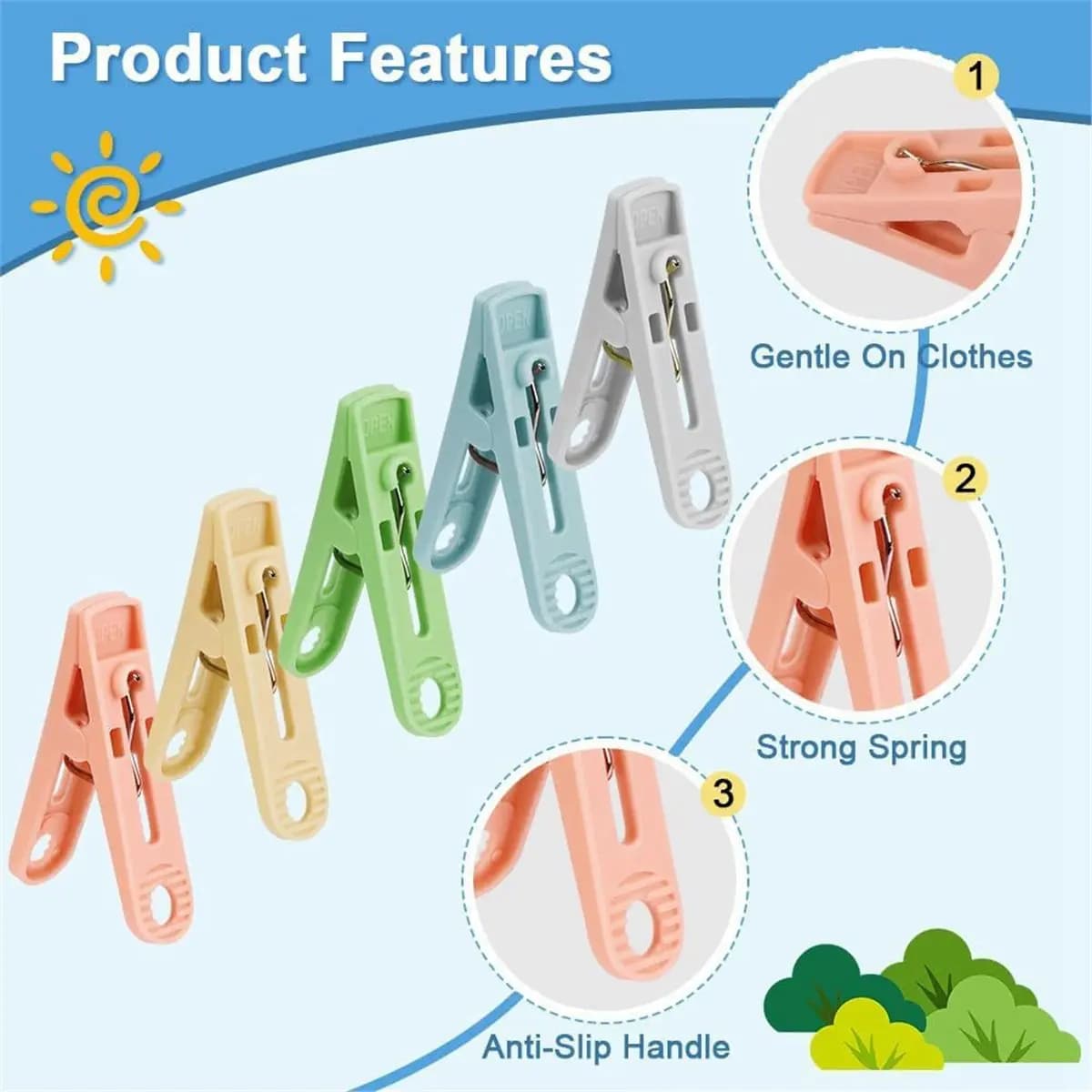 Colorful Clothespins Windproof Laundry Pegs with Storage Bag Non-Mark Clips for Clothes Socks Home Camping Drying Use
