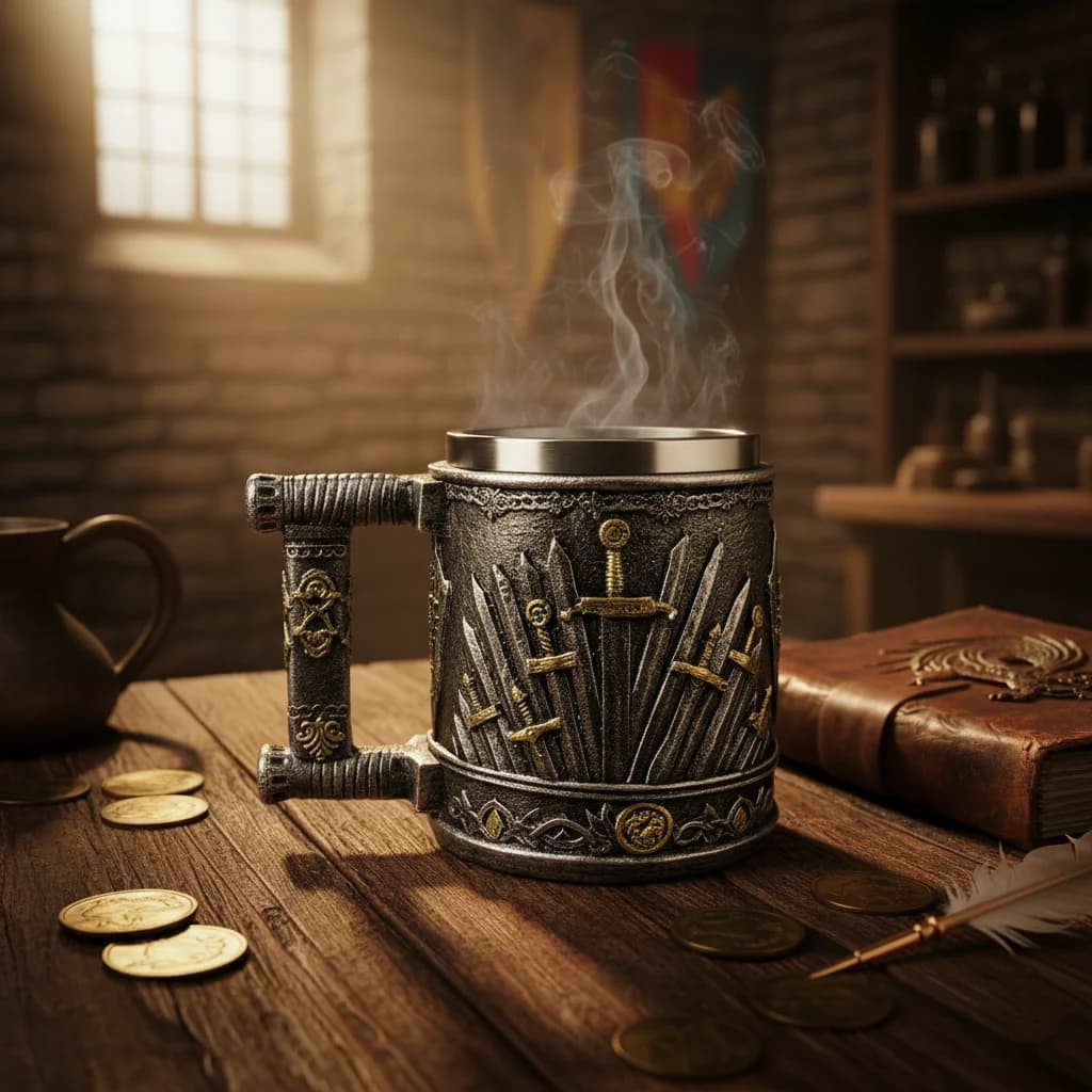 Medieval Sword Tankard Mug, 450ml Stainless Steel Liner Gothic Viking Beer Stein, Resin 3D Embossed Coffee Cup for Men, Renaissa