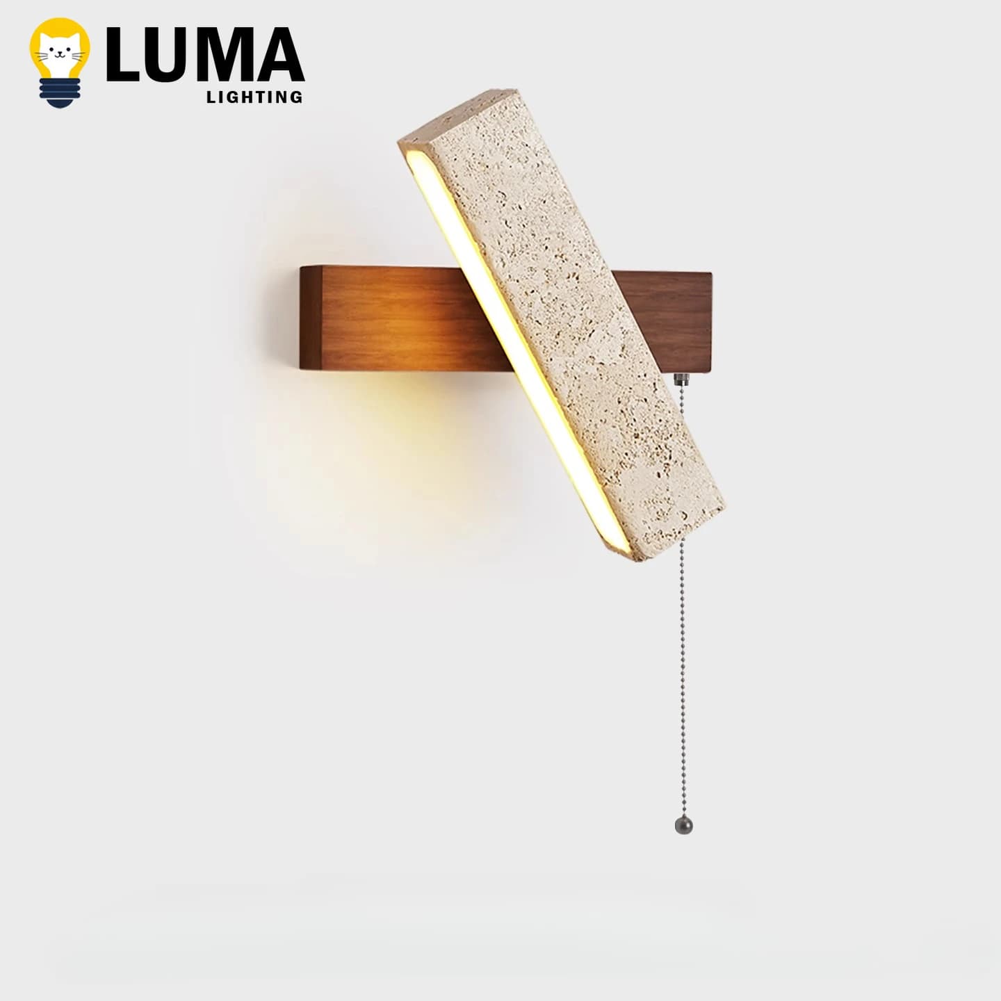Wall lamp Japanese Wabi-Sabi black travertine with chain switch, swivel LED wooden stone lamp for apartment on the bedside table