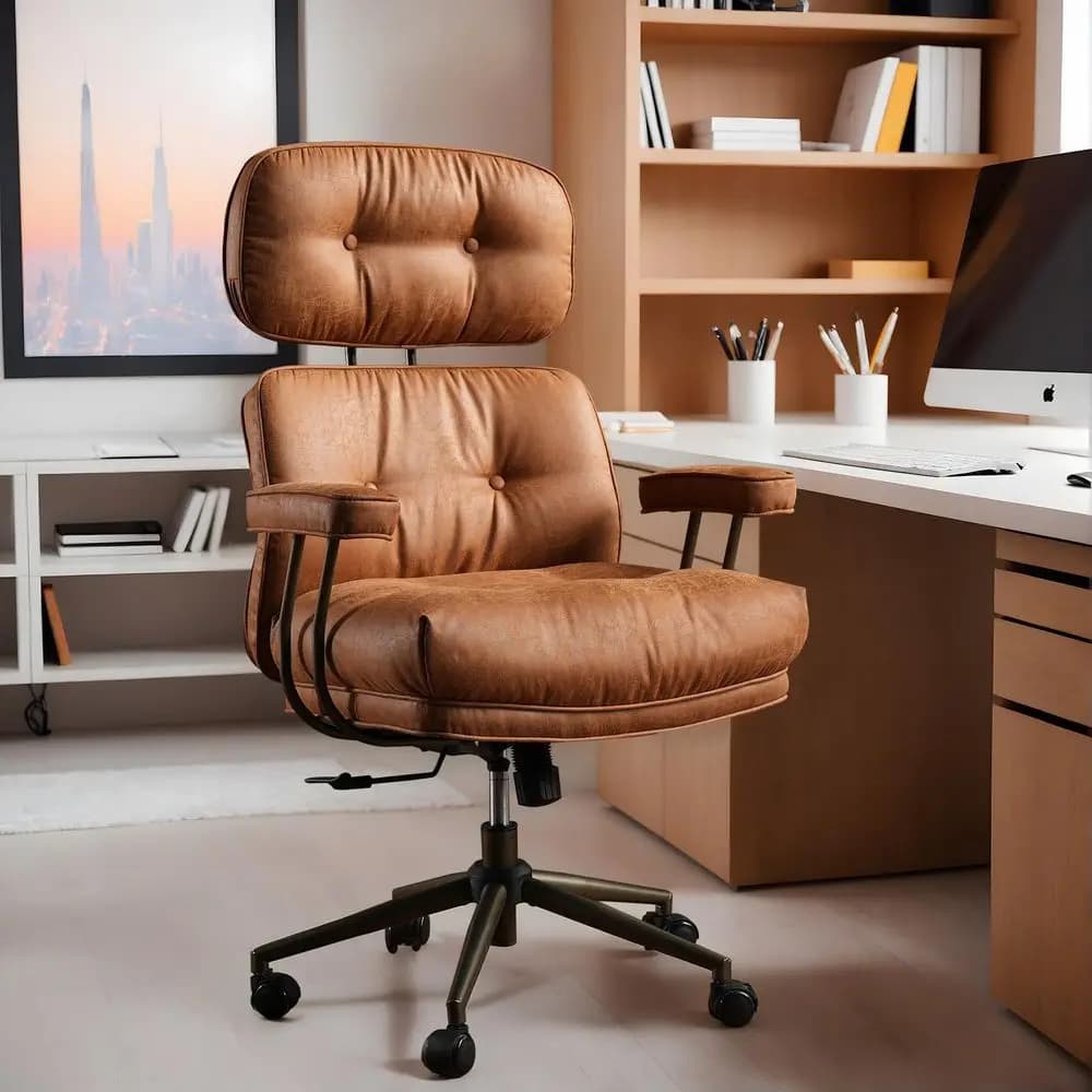 Sedia da Ufficio in Pelle, Sedia Direzionale Ergonomica con Schienale Alto e Seduta Profonda con Cuscino Spesso, Stile Mid-Century Modern per Persone Alte e Robuste