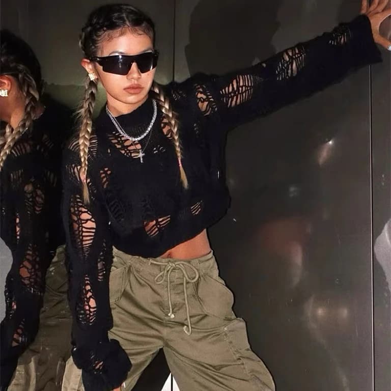 Dark Grunge Distressed Hole Hollow Out Knit Long Sleeve Crop Top Sheer Mesh Y2K Goth Punk Loose Spring Casual Streetwear Tops