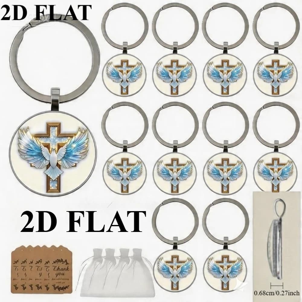 12-60Sets 2D Round Glass Keychain Cross Dove Peace Faith Card&Mesh Bag Xmas Easter Baptism Mom's Day/ Wedding Favors for Guests