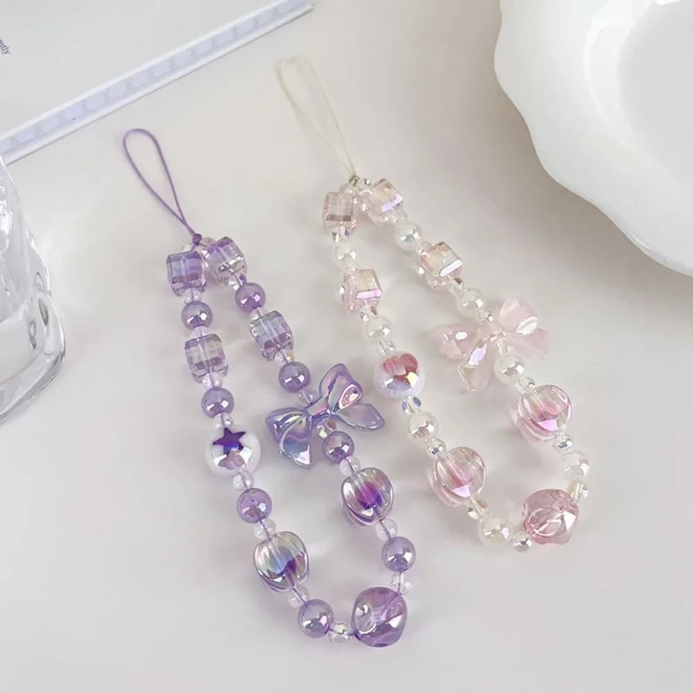 Sweet Candy Color Mobile Phone Chain Lovely Bow Beaded Cellphone Pendant Charms Women Cell Phone Case Anti-loss Lanyard Jewelry