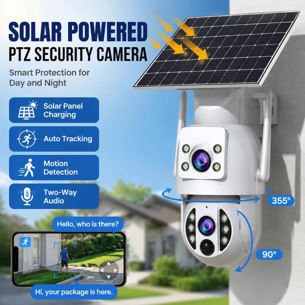 JOOAN 8MP 4K WiFi Telecamera solare Telecamera di sorveglianza CCTV esterna con pannello solare Doppia lente PTZ IP Cam Protezione di sicurezza