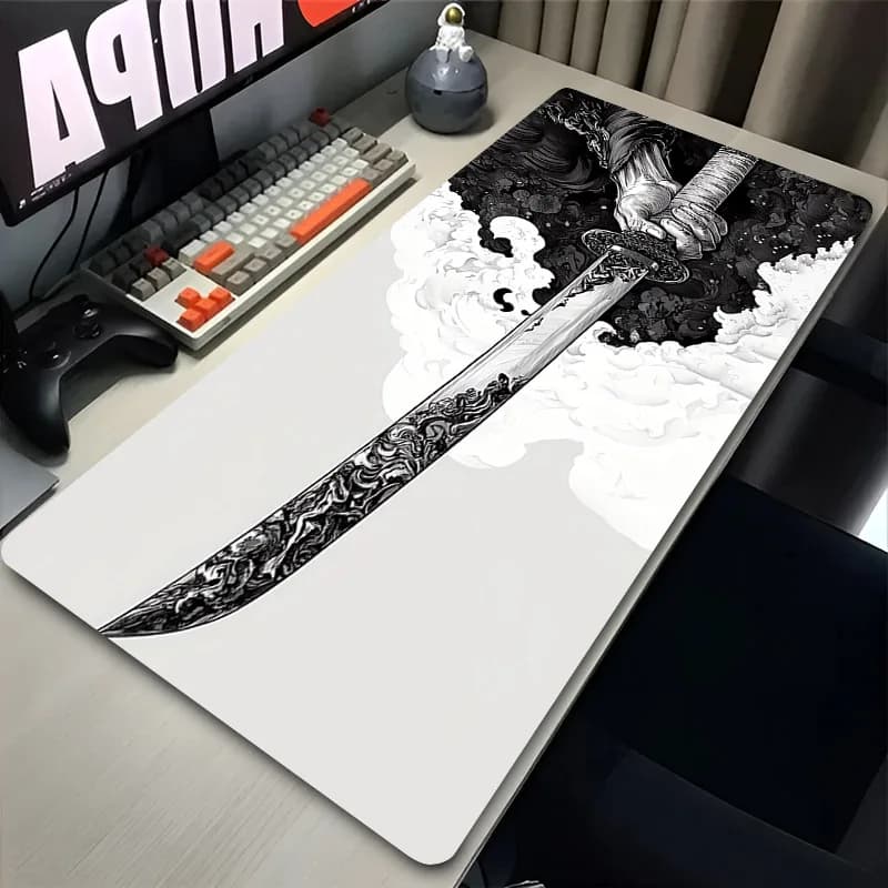 XXL Samurai Sword Mouse Pad, Black White Anime Gaming Accessories, Non-slip Large Desk Mat for Keyboard Laptop Gamer