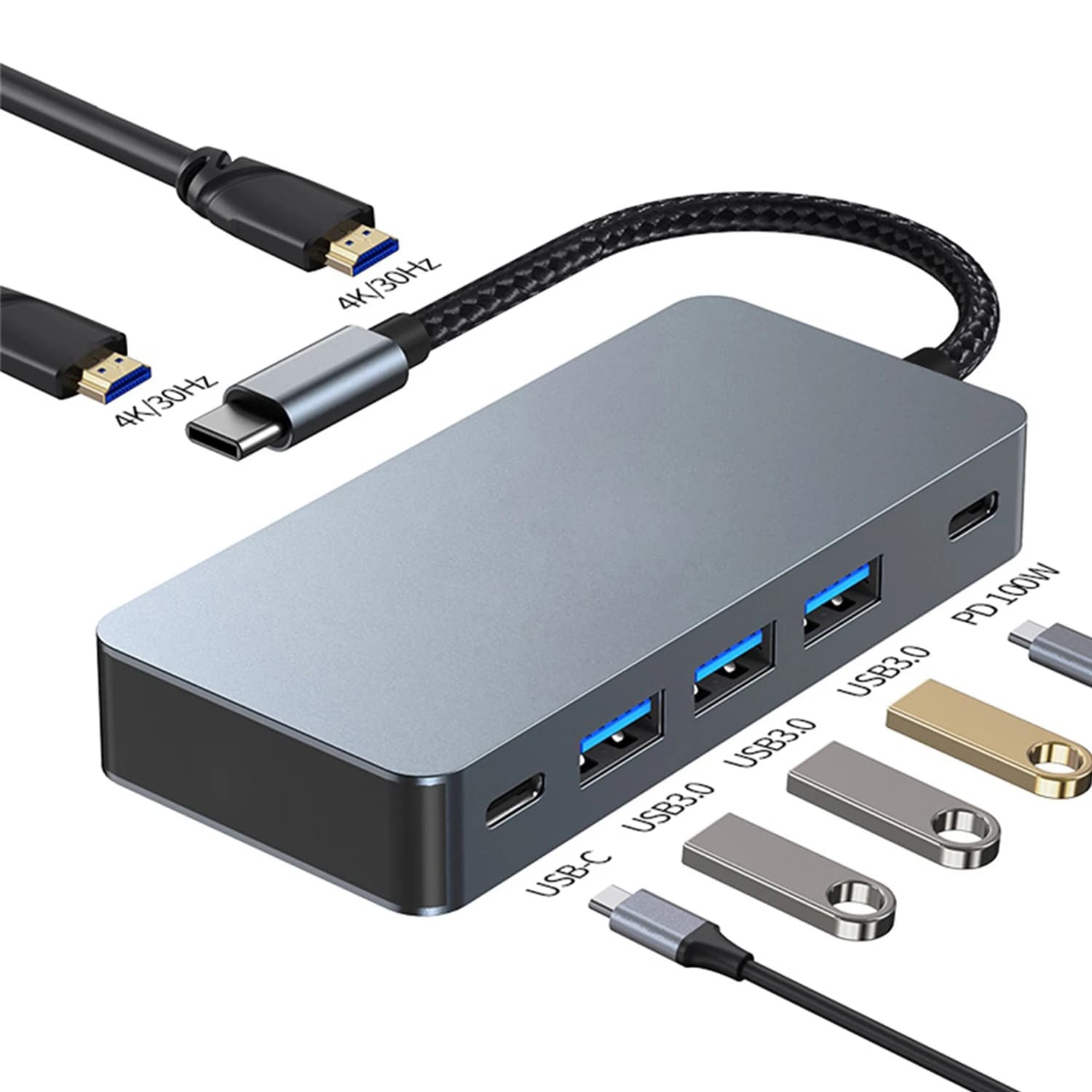 Docking station da USB C a doppia HDMI, adattatore multiporta USB C con doppio HDMI (4K a 30 Hz) PD da 100 W, dati USB C, 3 USB 3.0, hub 7 in 1
