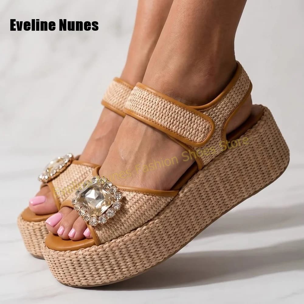 Women Summer Woven Platform Wedge Sandals Large Rhinestone Buckle Open Toe Slides Thick Sole Beach Vacation Shoes Outdoor 2026