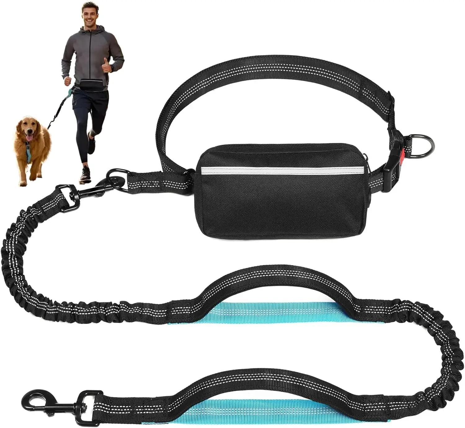 Free dog steering with zipper case, double padded handles Medium and big dog racer, retractable elastic waist dog leash