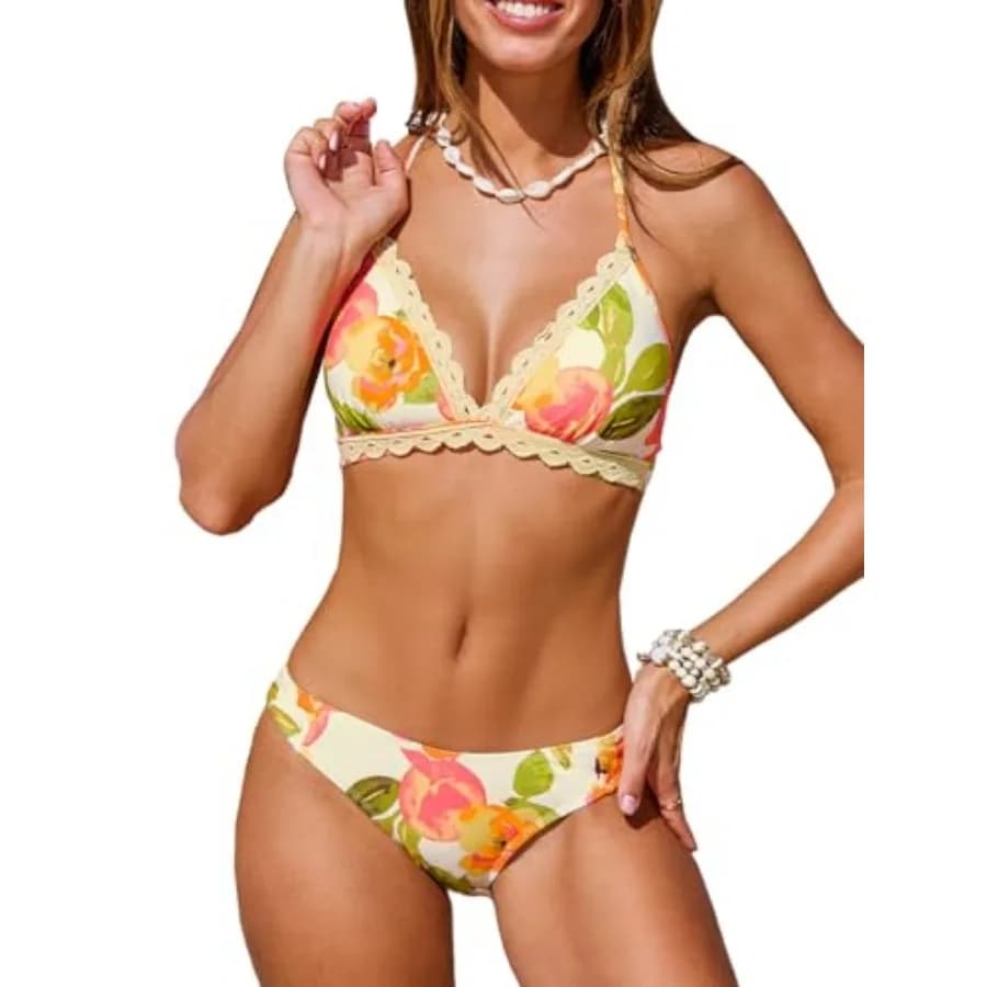 CUPSHE Set bikini da donna in due pezzi, costume da bagno con scollo a V, allacciatura posteriore, con laccetti e bordo a occhielli, vita media