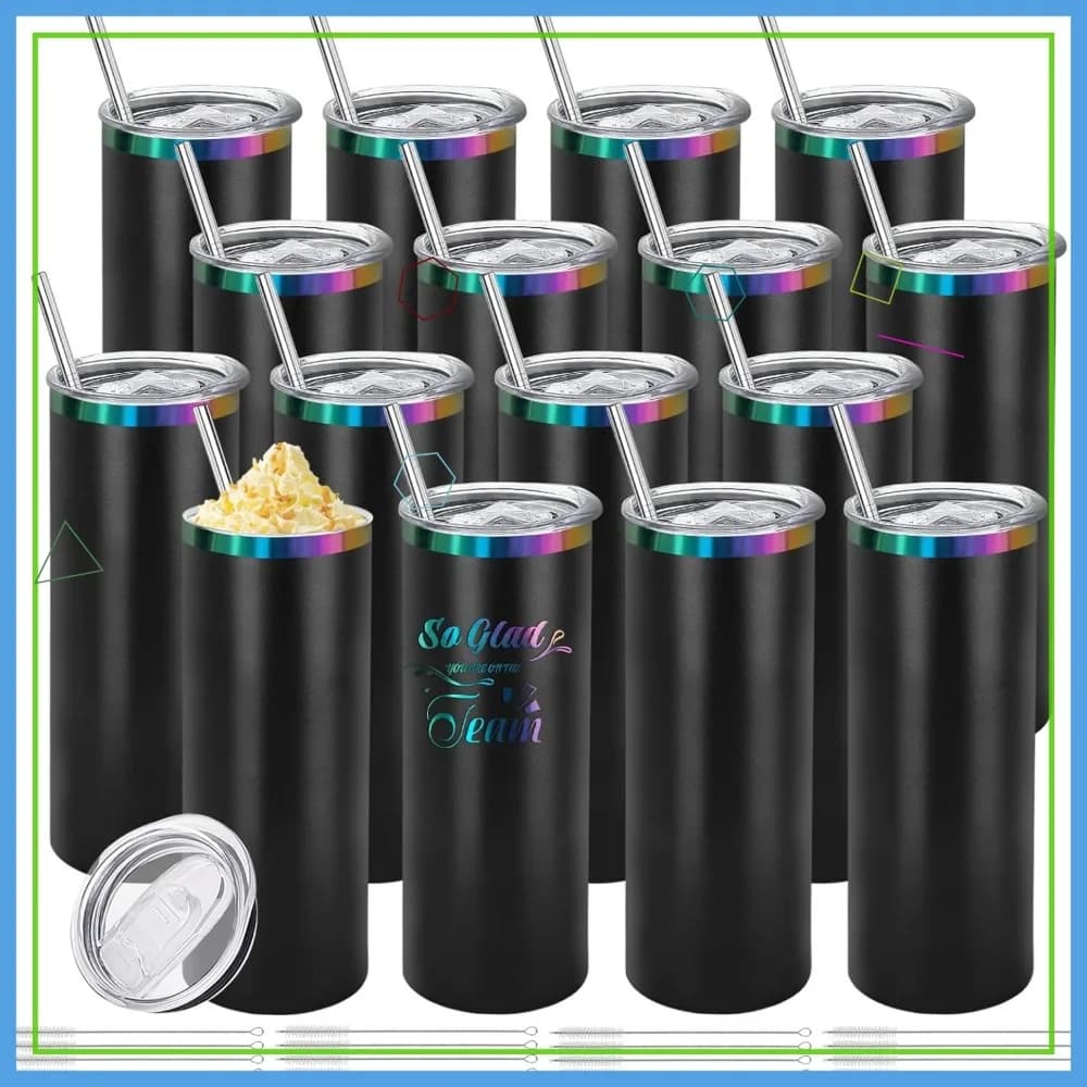 Set di 16 Tumbler in Acciaio Inox Placcato Arcobaleno, Doppia Parete Isolata Sottovuoto, 20oz da Nero a Iridescente per Incisione Laser