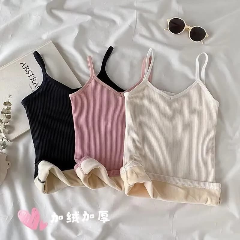 Women Slim Solid Color Tops Thermal Casual Comfortable Elasticity Crop Top Black Thin Velvet Sleeveless Underwear Tank Winter