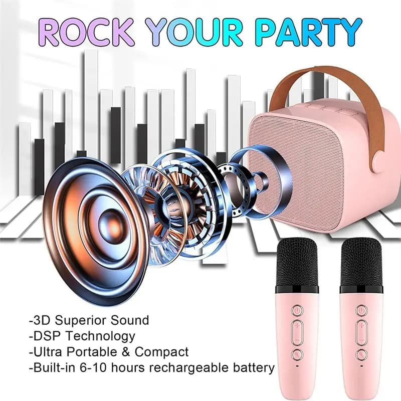 Mini macchina per karaoke FSLH con 2 microfoni wireless per bambini adulti, 18 brani precaricate, Bluetooth portatile, rosa