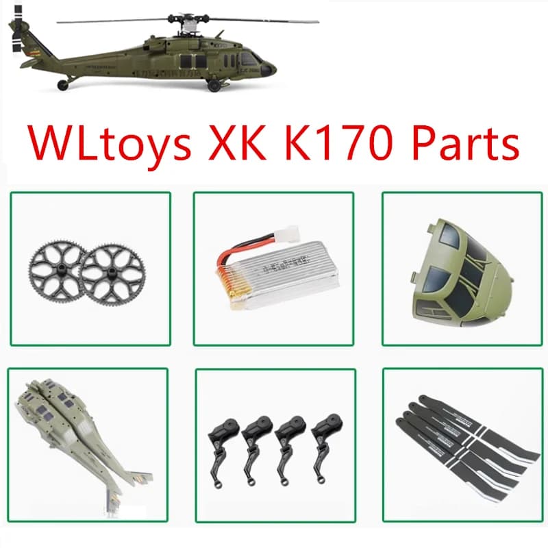 Pezzi di ricambio per Wltoys XK K170 RC elicottero batteria corpo guscio lama ingranaggio coda motore rotore testa servo ESC ricevitore albero telaio