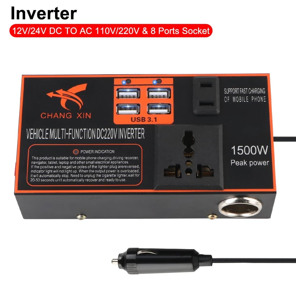 Convertitore adattatore di alimentazione inverter per auto 8 porte DC 12V/24V a AC 110V/220V Caricabatterie USB Presa accendisigari Spina accendisigari