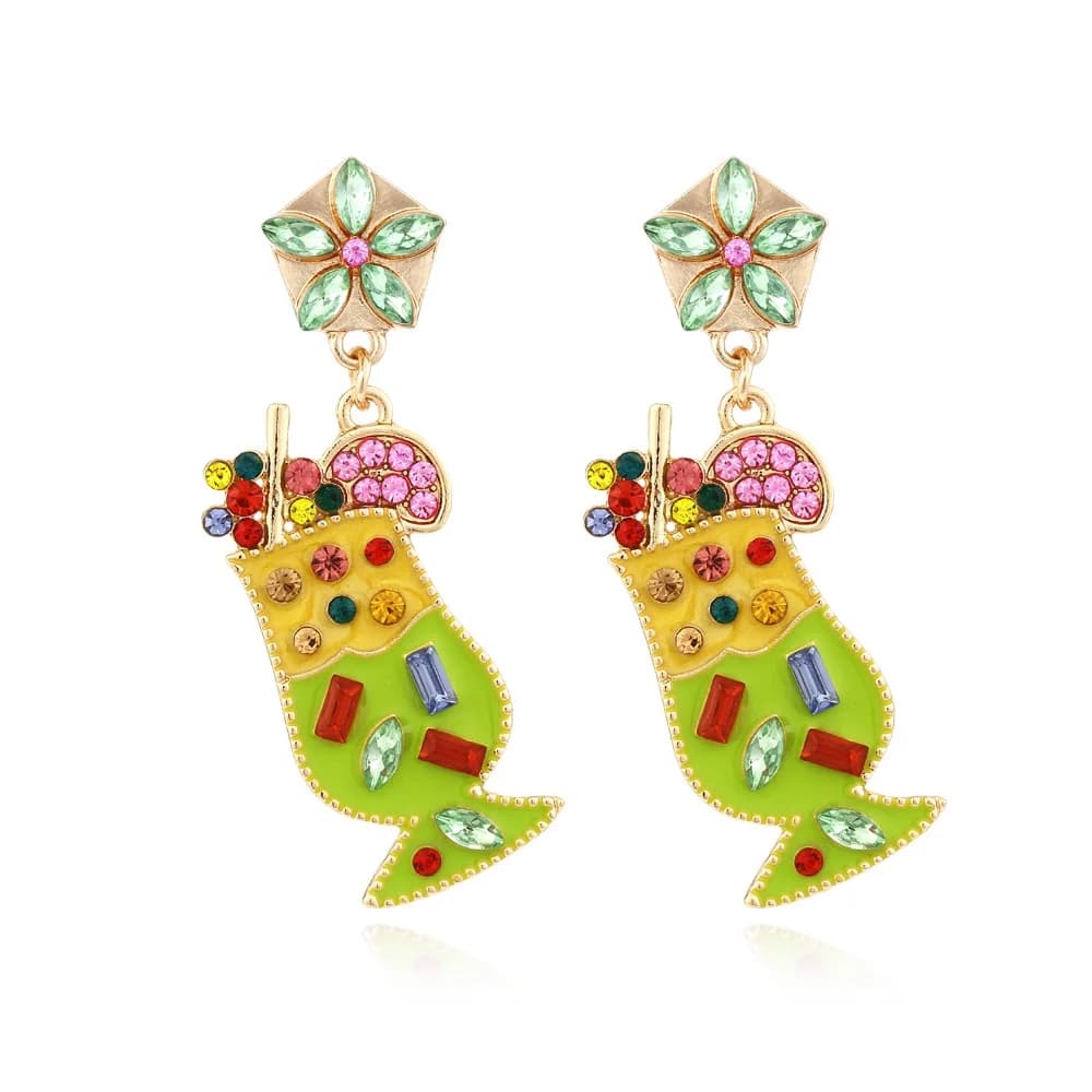 Orecchini a forma di bicchiere di vino o succo, freschi e graziosi, con effetto goccia d'olio colorata, esagerati e creativi, con diamanti colorati.