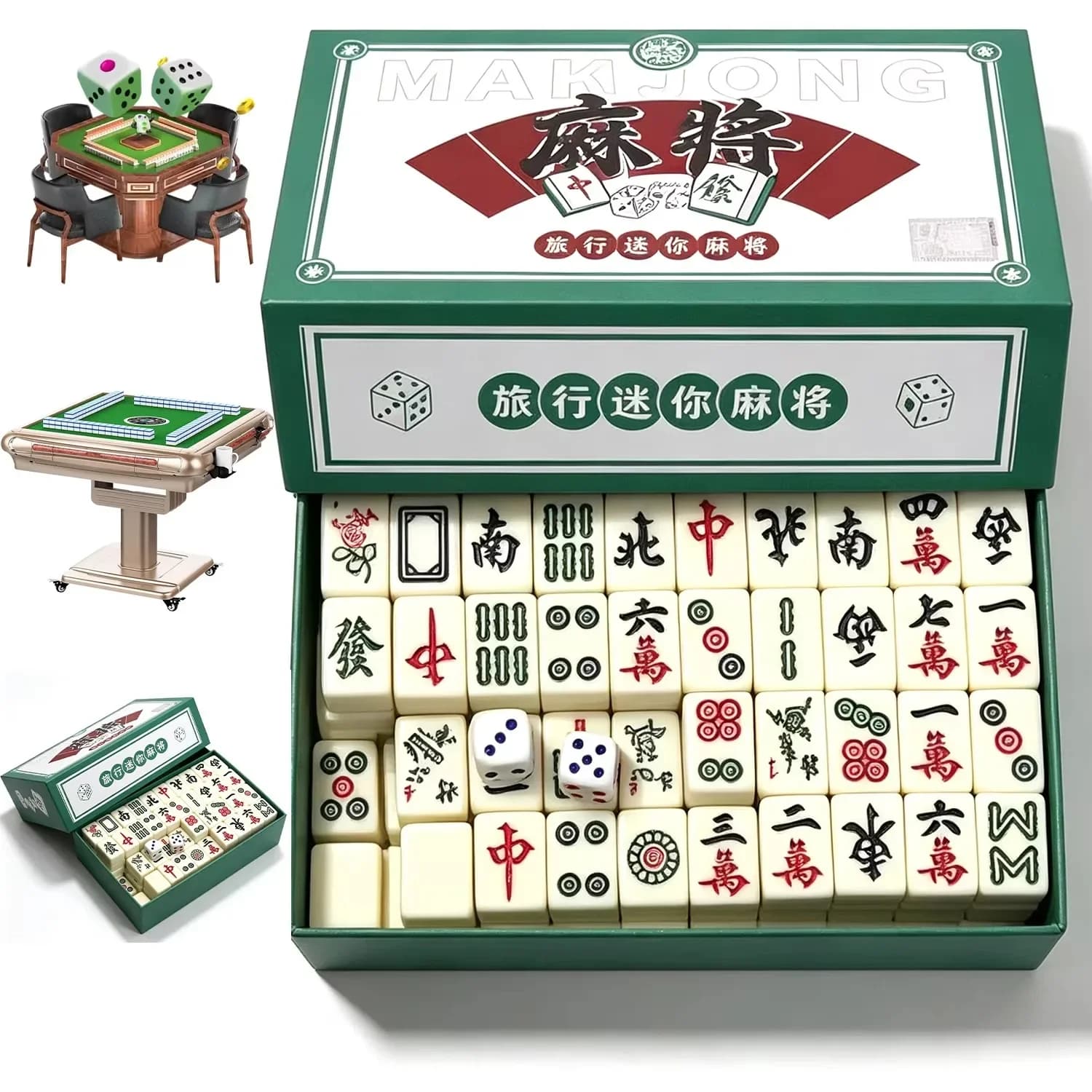 Mini Mahjong Set with 2 Dice and Blank Tiles, Portable Melamine Mahjong Game for Travel, Family Gatherings, Camping and Party En