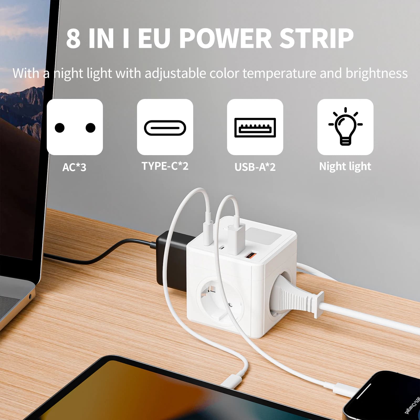 3-Outlet 2-USB 2-Type Bedside Travel Adapter with Night Light 1.5m Cord for Dormitory And Bedroom