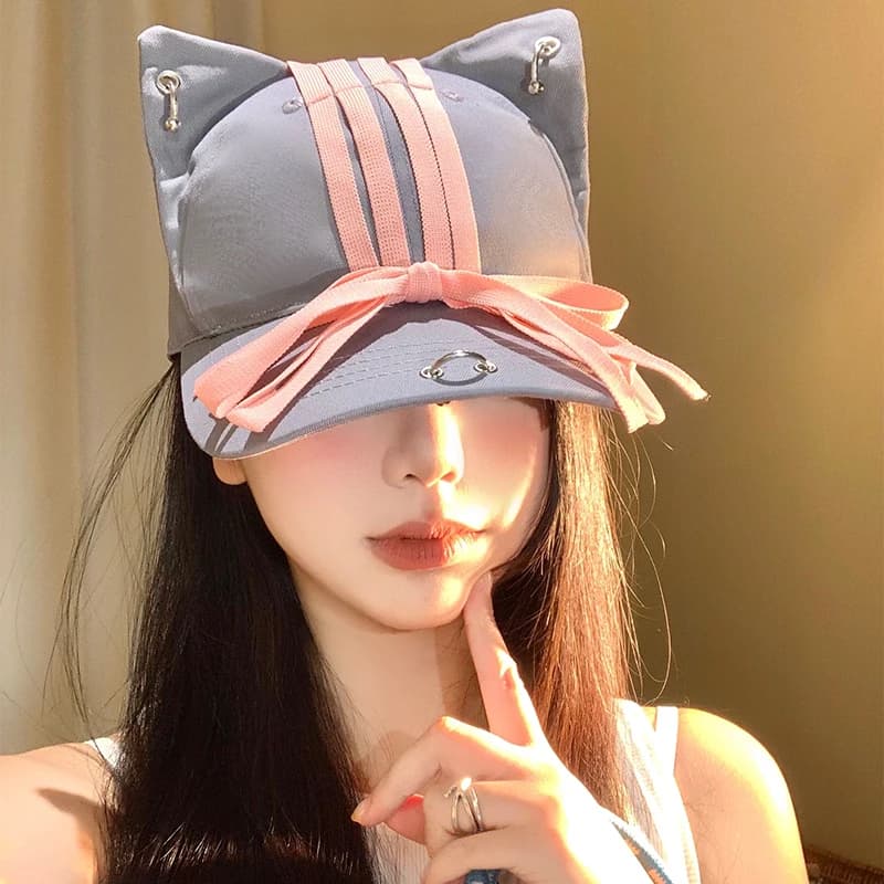 Nuovo personalizzato Streamer Bow Orecchie di gatto Berretti da baseball Y2k Street Niche Versatile anello di ferro Design Denim Cappelli Hip Hop per le donne