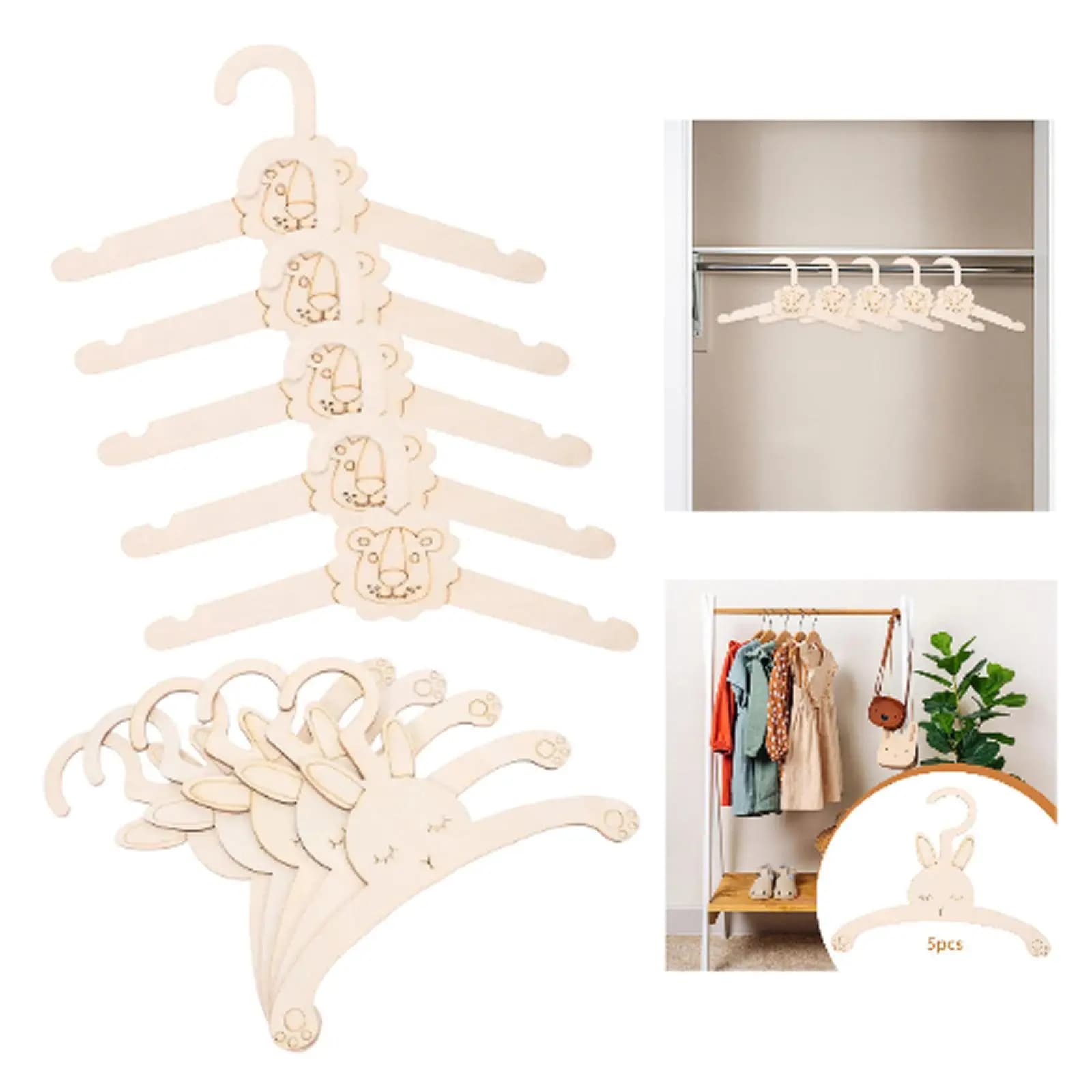 5 appendiabiti in legno con disegni a fumetti. Ideale per riporre vestiti, cappotti e pantaloni. per neonati (maschio o femmina).