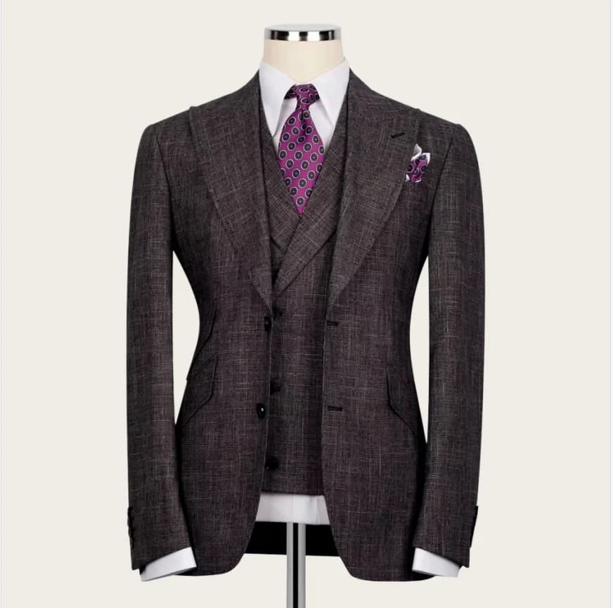 Brown Men's Suits Peaked Lapel Single Breasted Linen Cotton Lightweight Wedding Blazer Business for Man Tuxedo Jacket+Vest Pants