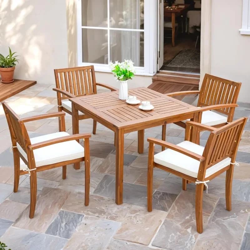 Set da pranzo per esterni Flamaker da 5 pezzi, tavolo e sedie da patio in legno di acacia con morbidi cuscini, mobili da giardino per terrazza, cortile