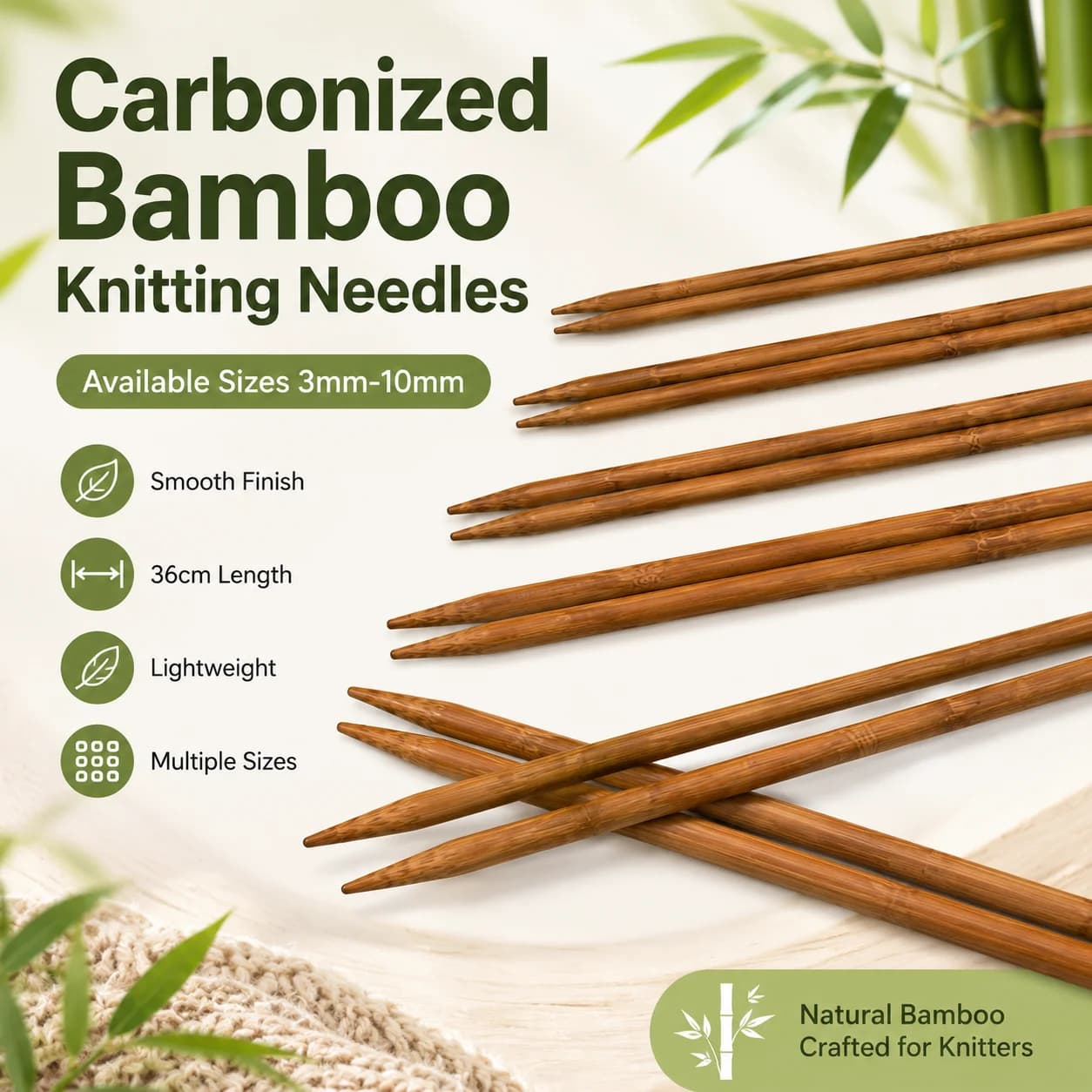 3.0-10.0mm Handmade Bamboo Double Pointed Knitting Needles Sweater Weaving Needle Tool DIY Sewing Tools 36cm Long