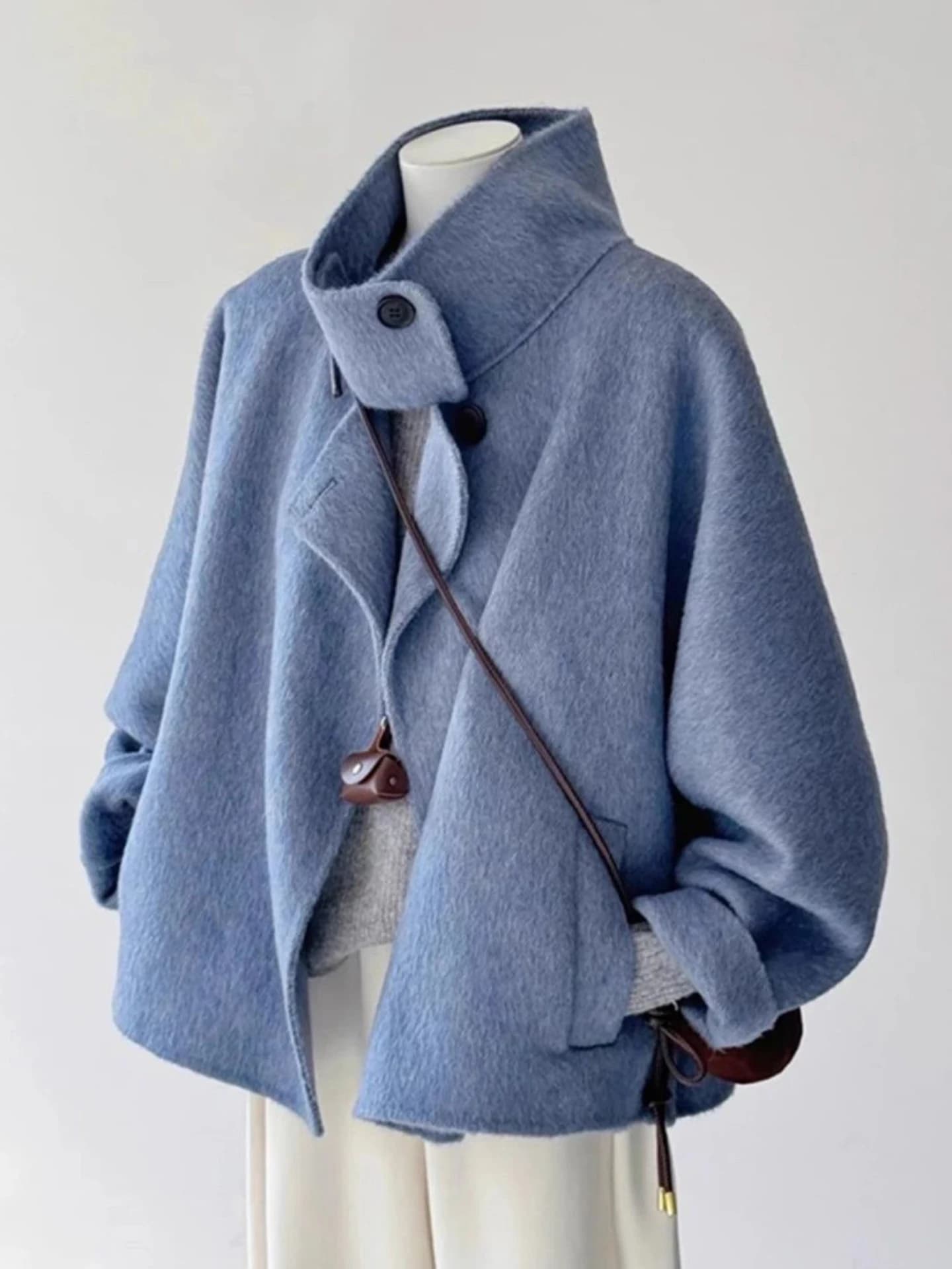 Fall Winter Blue Short Loose Woolen Coat Korean Style Stand Collar Trendy Women's Jacket Commute Style Polyester Fiber