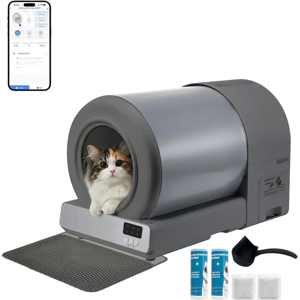 Lettiera Automatica Intelligente per Gatti con Sensore di Sicurezza, Controllo Odori, Design a Basso Ingresso per Gatti Multipli - Grigio