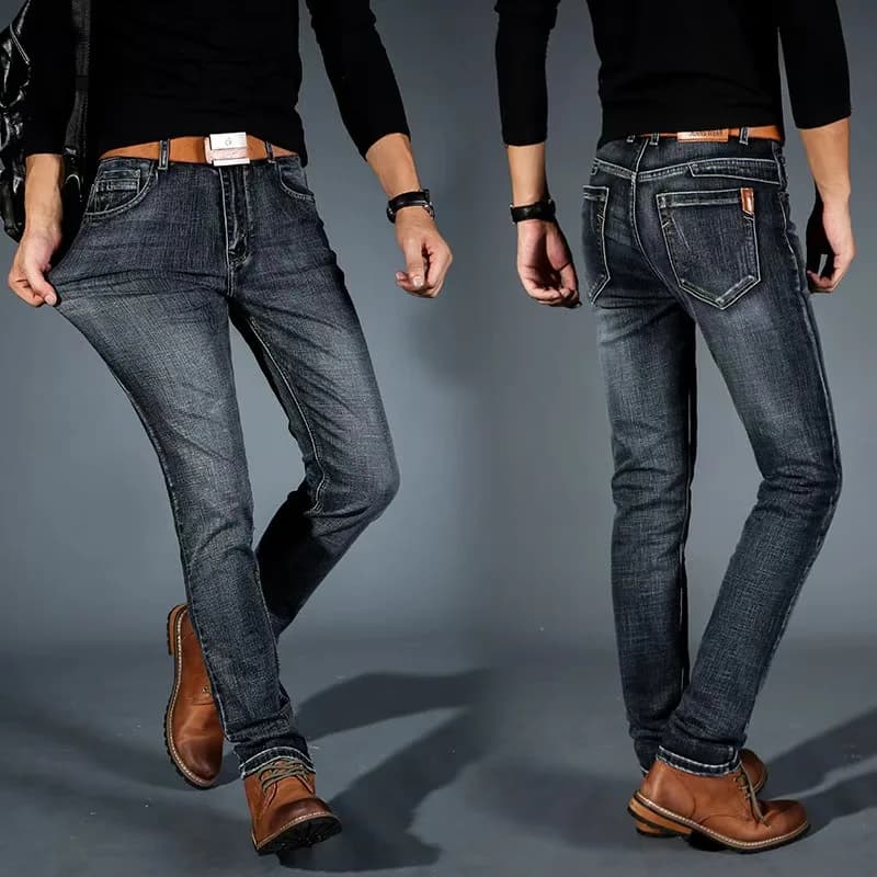 2025 New Men's slim-fitting stretch jeans, business casual cotton denim straight pants, menblack and blue long pants