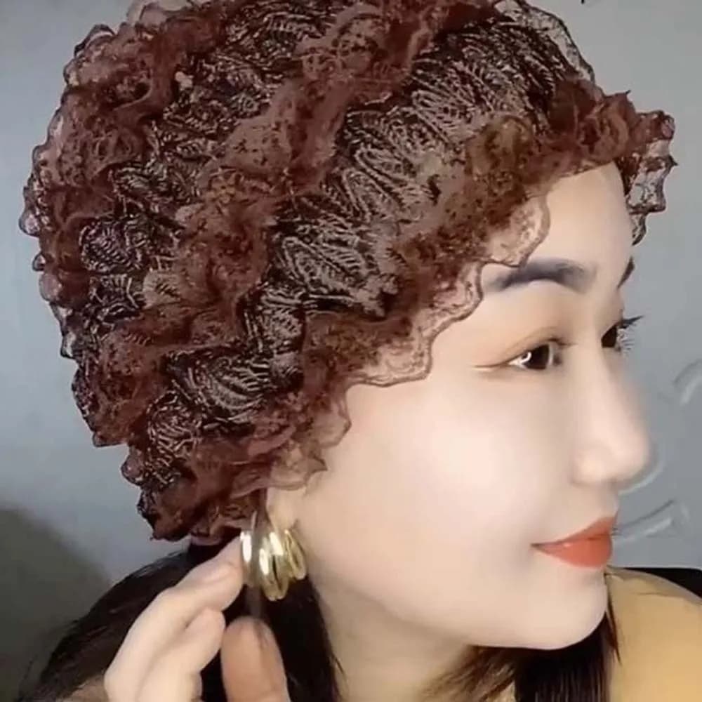 Soft Beauty Lace Curling Hat Polyester Dome Elastic Curly Hair Hat Brimless Beanie Solid Color Mesh Lace Pullover Cap for Mom