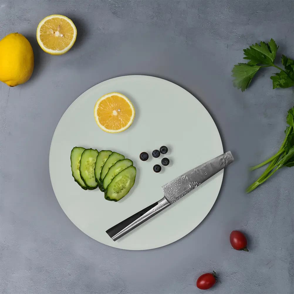 Tempered Glass Cutting Board Round Heat Resistant Non Slip Kitchen Countertop Chopping Block for Meat Fruit Vegetable Food Prep