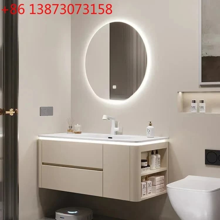 Mobile Bagno Combinato Stile Crema con Lavabo, Specchio Rotondo Intelligente a Parete e Lavandino Sospeso