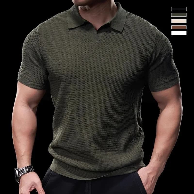 Nuova Maglietta Polo da Uomo alla Moda, Stile Coreano, Lusso Leggero, Lavorata a Maglia, Collo a V, Casual, Fitness, Tinta Unita, Manica Corta, Traspirante