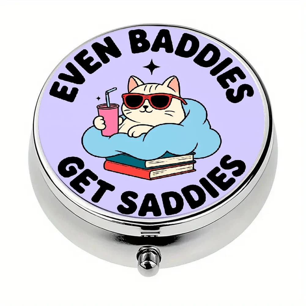 A Flat Cat-Shaped Pill Box with the Phrase "Even Bad People Are Sad," Featuring a Cat Wearing Stylish Glasses and Holding a Drink, with a Cloud and Book Background, a Three-Compartment Portable Medicine Box That Can Be Placed in a Wallet or Pocket, Flat Design.