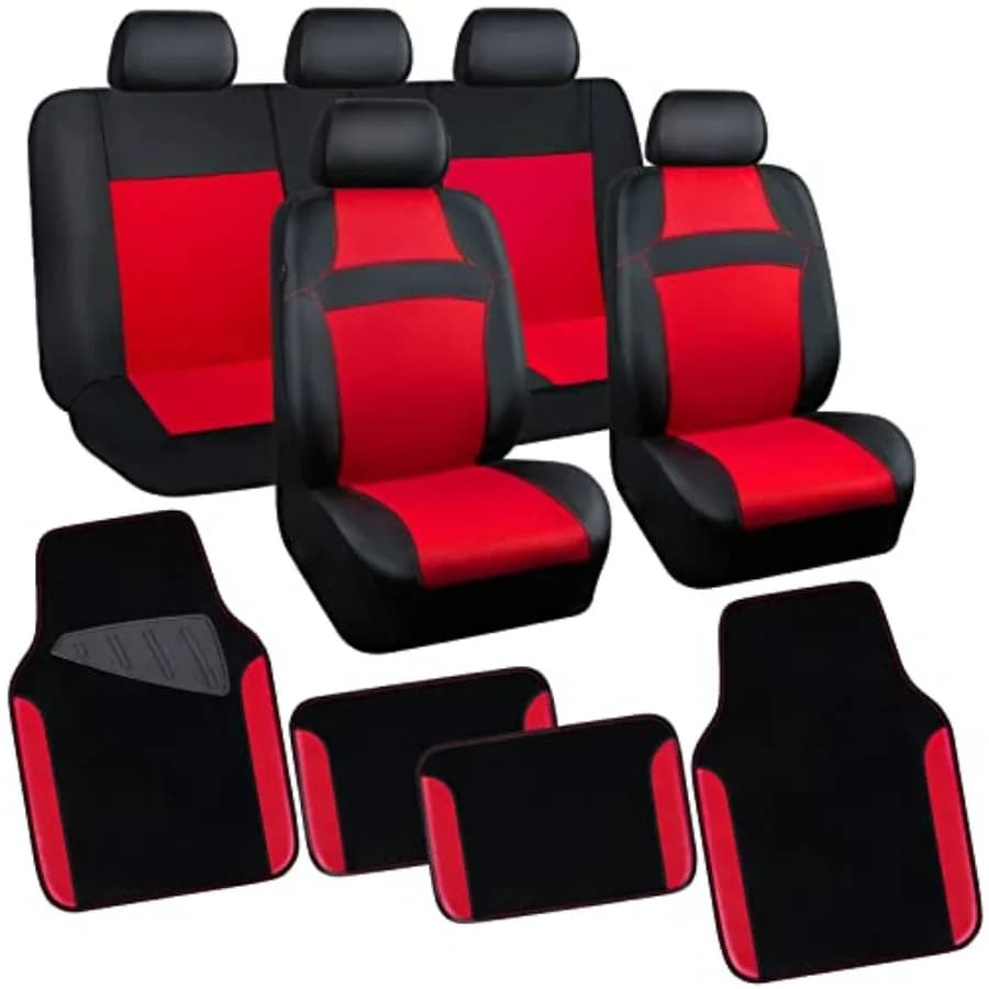 Set Completo di Coprisedili Auto in Pelle 3D Air Mesh 4 Pezzi con Tappetini Impermeabili e Spugna Composita da 5mm Universale Compatibile con Airbag