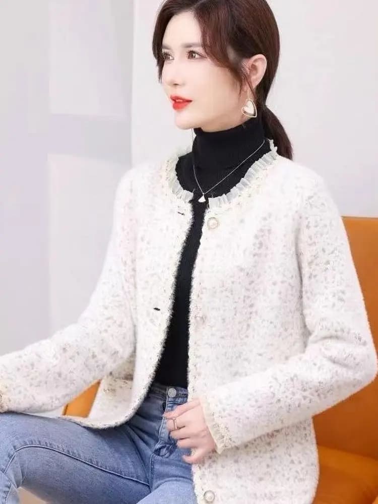 Fall Winter Short Lace Trim Color Block Slimming Fashionable Jacket Women's Commute Style Long Sleeve Button up Coat
