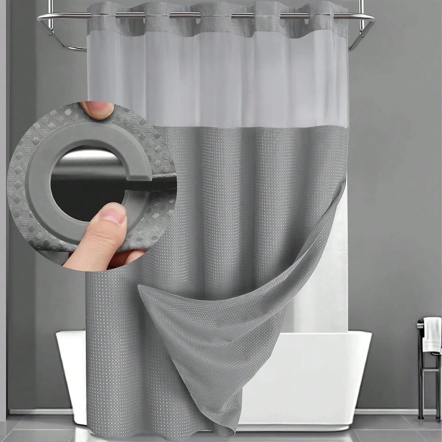 1PC Waffle Double Woven Shower Curtain, No Hook, Clear Top Window Hookless Shower Curtain With Snap Lined Waffle Shower Curtain Hotel Style Double Layer Machine Washable And Easy To Clean Bathroom Partition 72" X 75".