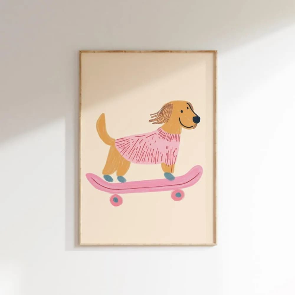 Stampa di cani da skateboard | Arte del bassotto | Decorazione per la cameretta rosa | Genere neutro | Cameretta moderna per bambini | Boho Digital Scarica Tela