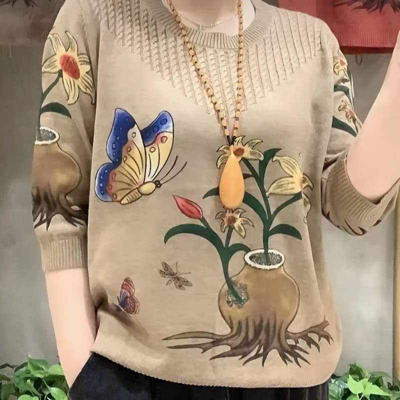 Primavera Autunno Nuova moda elegante girocollo maglione lungo casual versatile stampato occidentale abbigliamento comodo pullover da donna