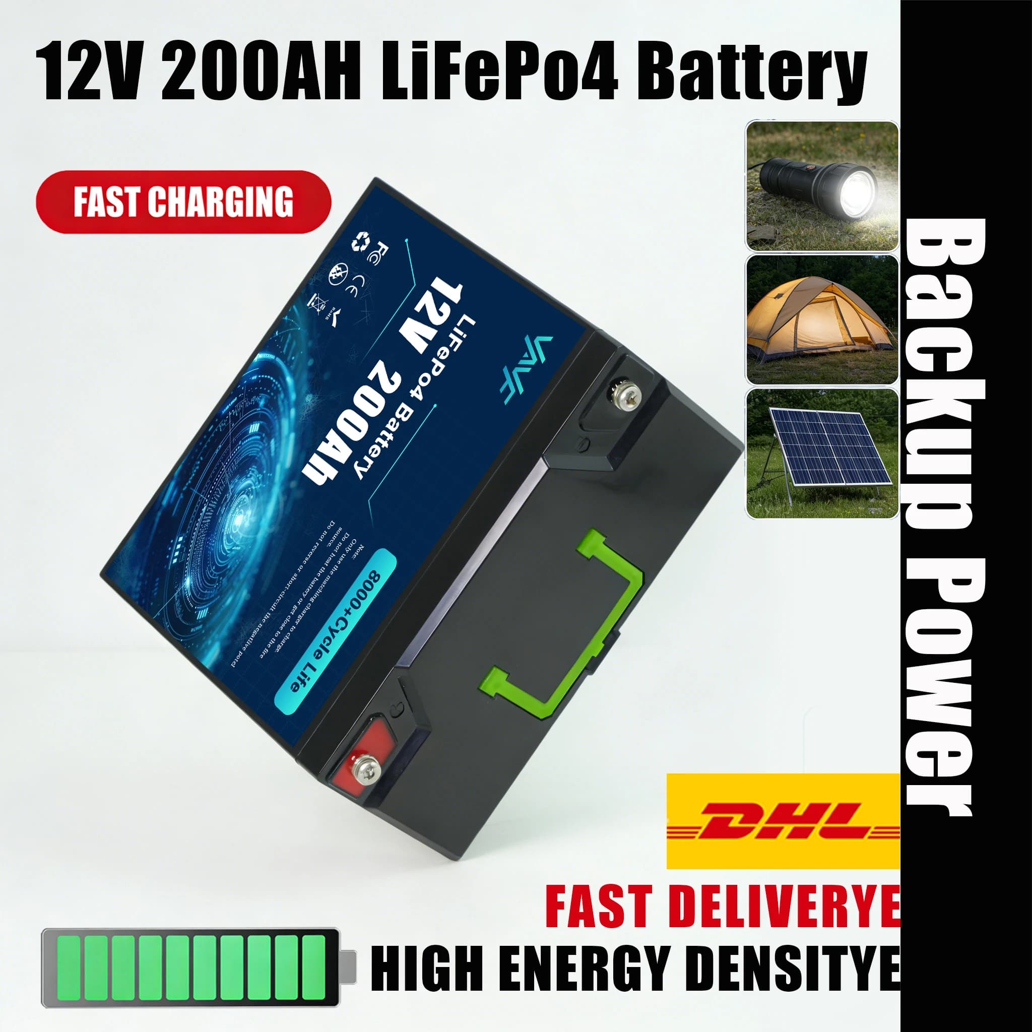 Batteria LiFePO4 12V 200Ah Integrata 💐 BMS Intelligente, 8000+ Cicli, Adatto per Solare 🖨️ Pannelli, Camper, Imbarcazioni, Overlanding