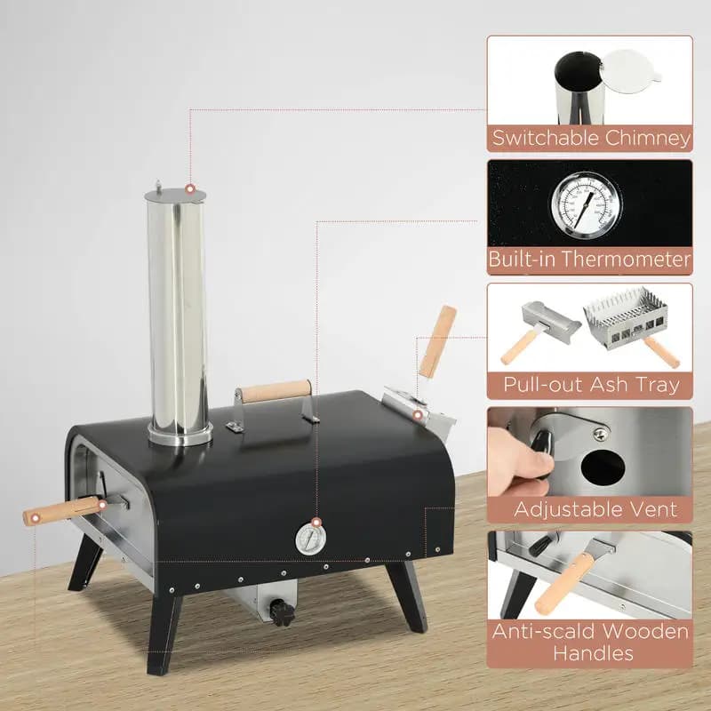 Forno per Pizza a Pellet Outsunny, Fornetto per Pizza da Esterno con Pietra Rotante da 12 Pollici, Pala e Copertura Impermeabile
