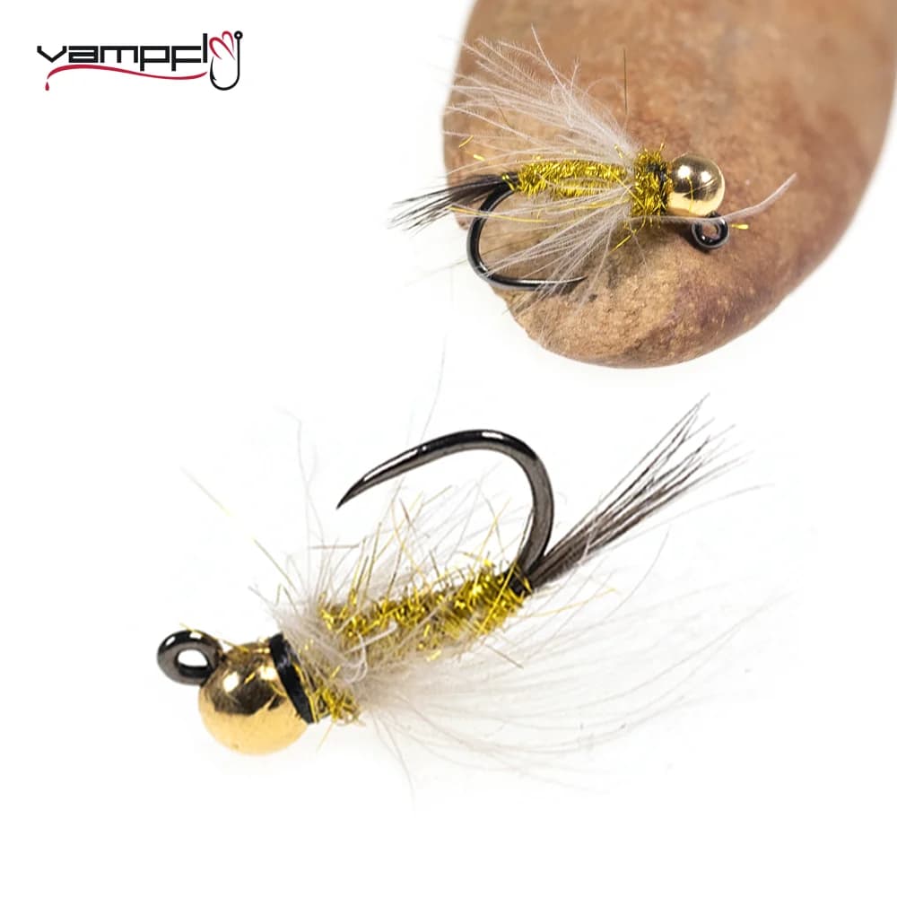Vampfly 4 pezzi Jig Ninfa Fly Tungsten Beadhead CDC Hackle Jig Hook Pesca Mosche Affondamento rapido Esche da pesca alla trota Esche # 12