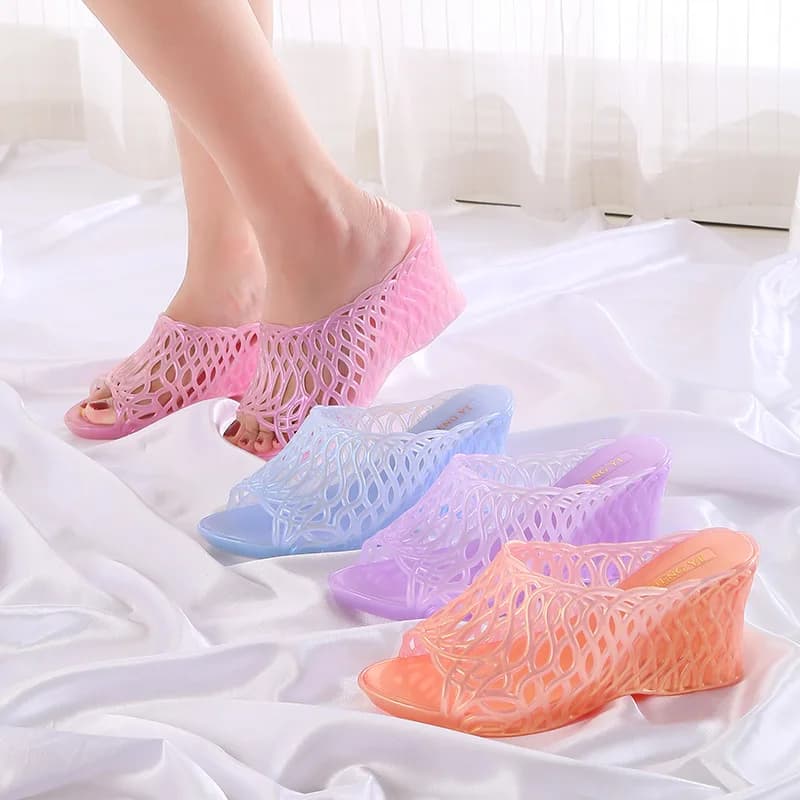 Sandali con zeppa in rete e cristalli da donna, ciabatte iridescenti in gelatina con perle, tacchi alti traforati anti-odore con suola spessa