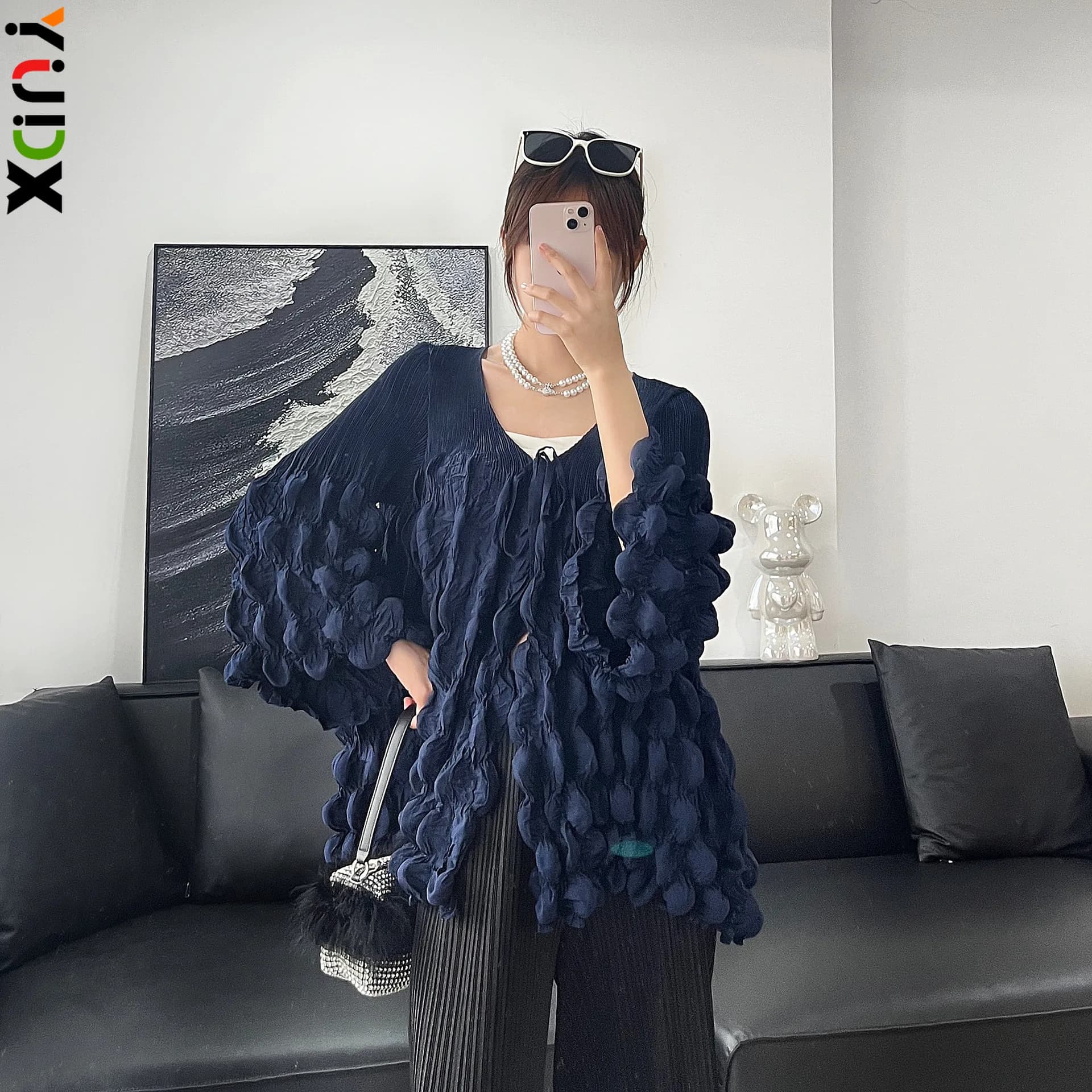 YUDX Miyake pieghettato manica a bolle tinta unita Top Harajuku pendolare sciolto coreano sciolto Plus Size t-shirt 2024 estate nuovo